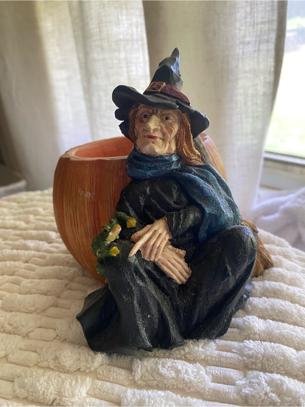 Hand-Painted Witch Figurine with Pumpkin Candle Holder / Votive - Black & Orange